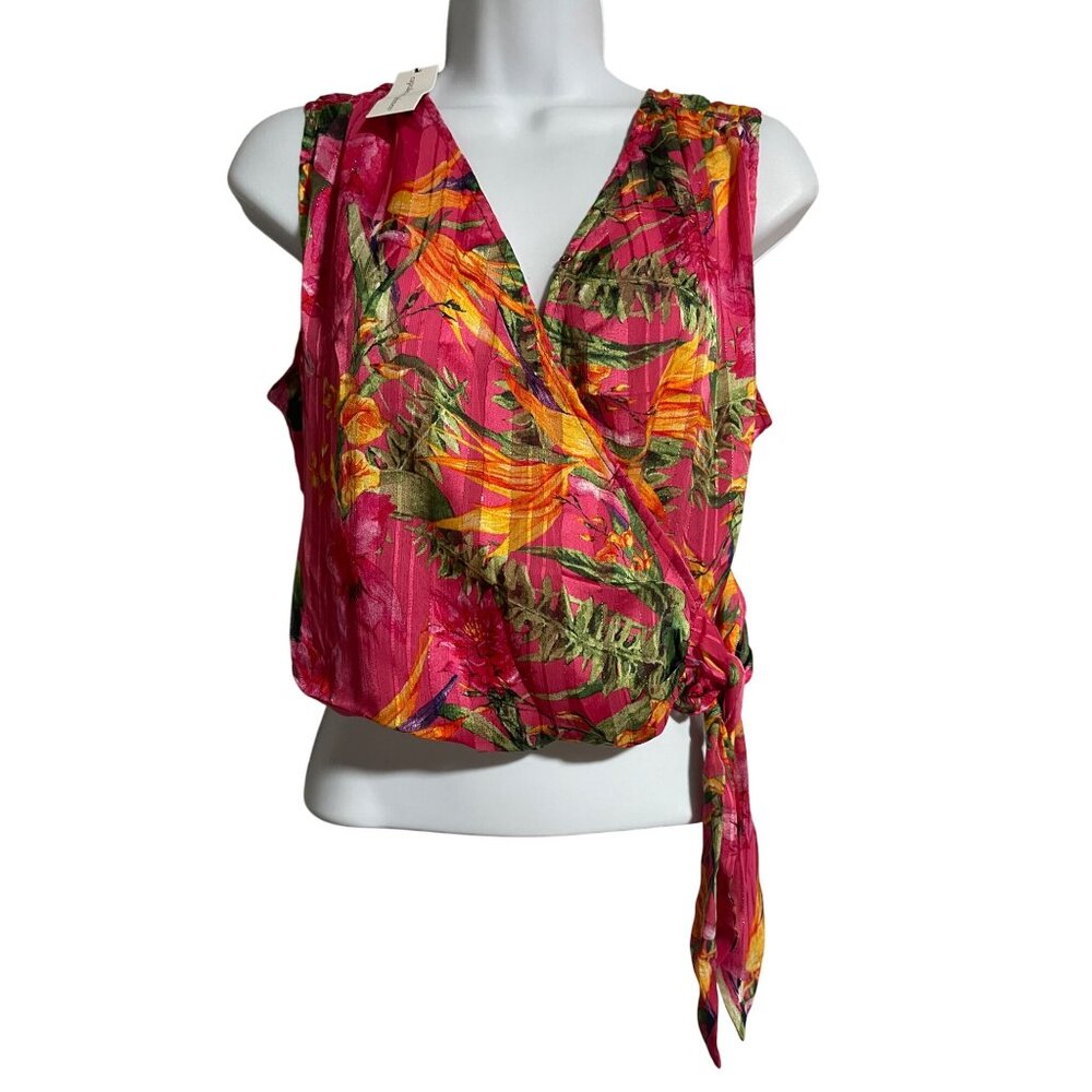 Cupcakes & Cashmere Pink Floral Wrap Top With Tie Detail & Smocked Back Women XS